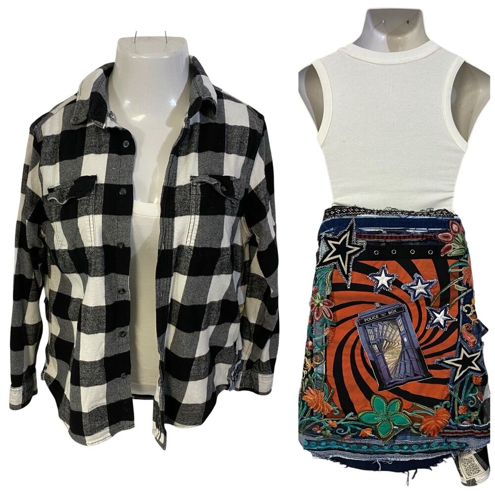 Upcycled Flannel Shirt Shacket Womens XL Dr Who Tardis Custom Grunge Skater Rock - Picture 6 of 14